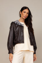 Jaqueta couro com gola tricot