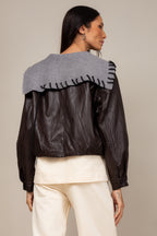 Jaqueta couro com gola tricot