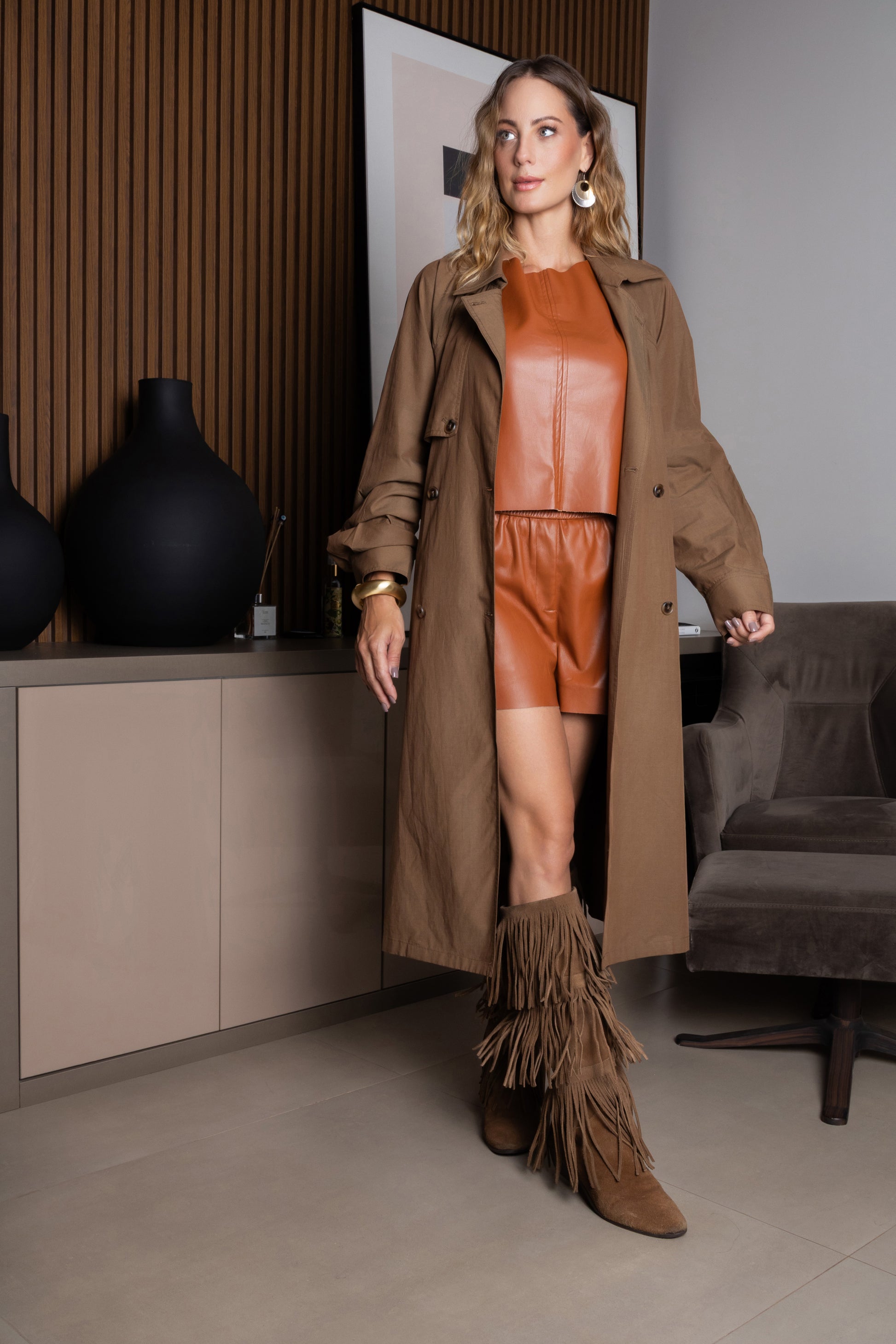 Trench coat midi com cinto