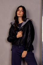 Jaqueta couro com gola tricot