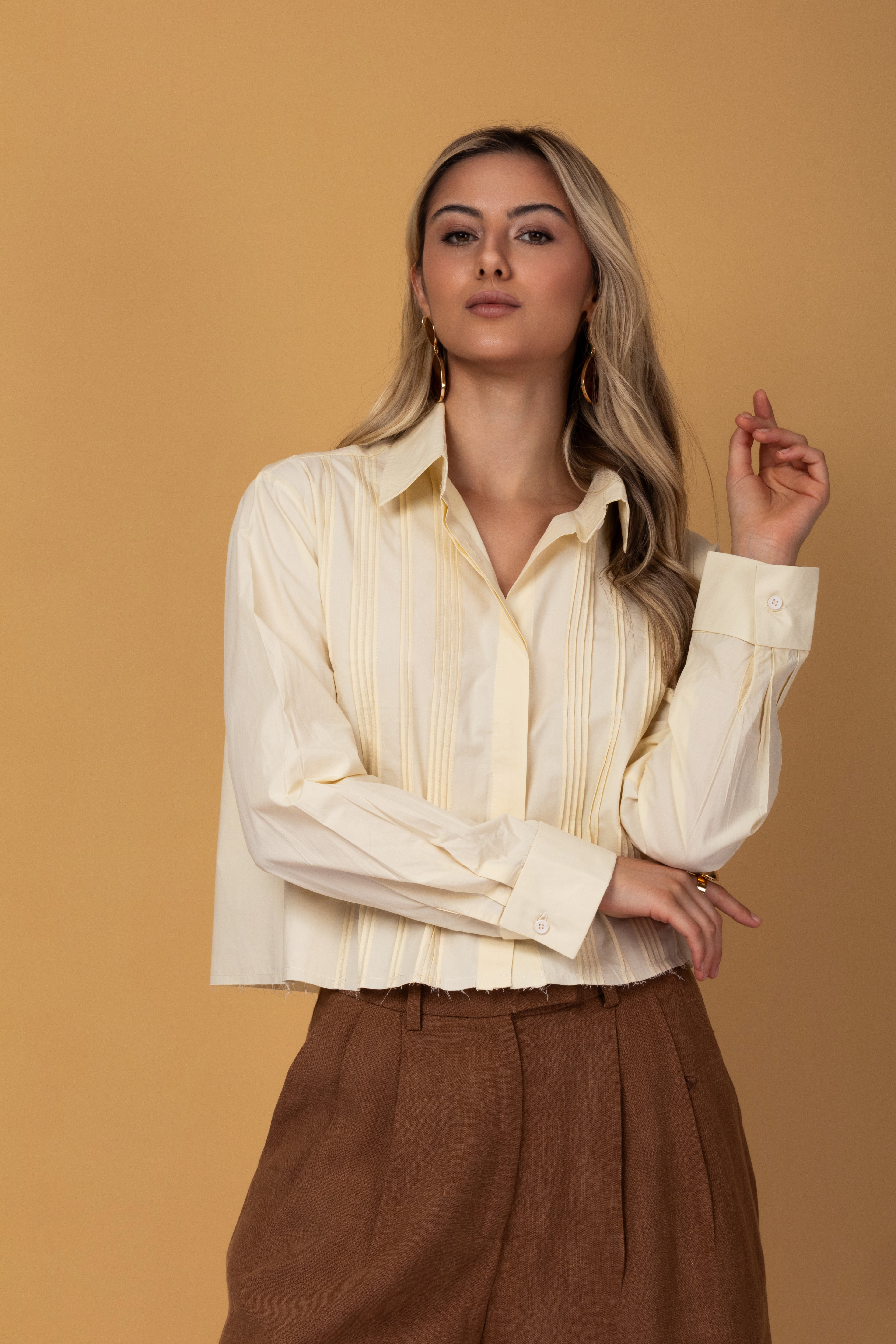 Camisa cropped com pregas frontais