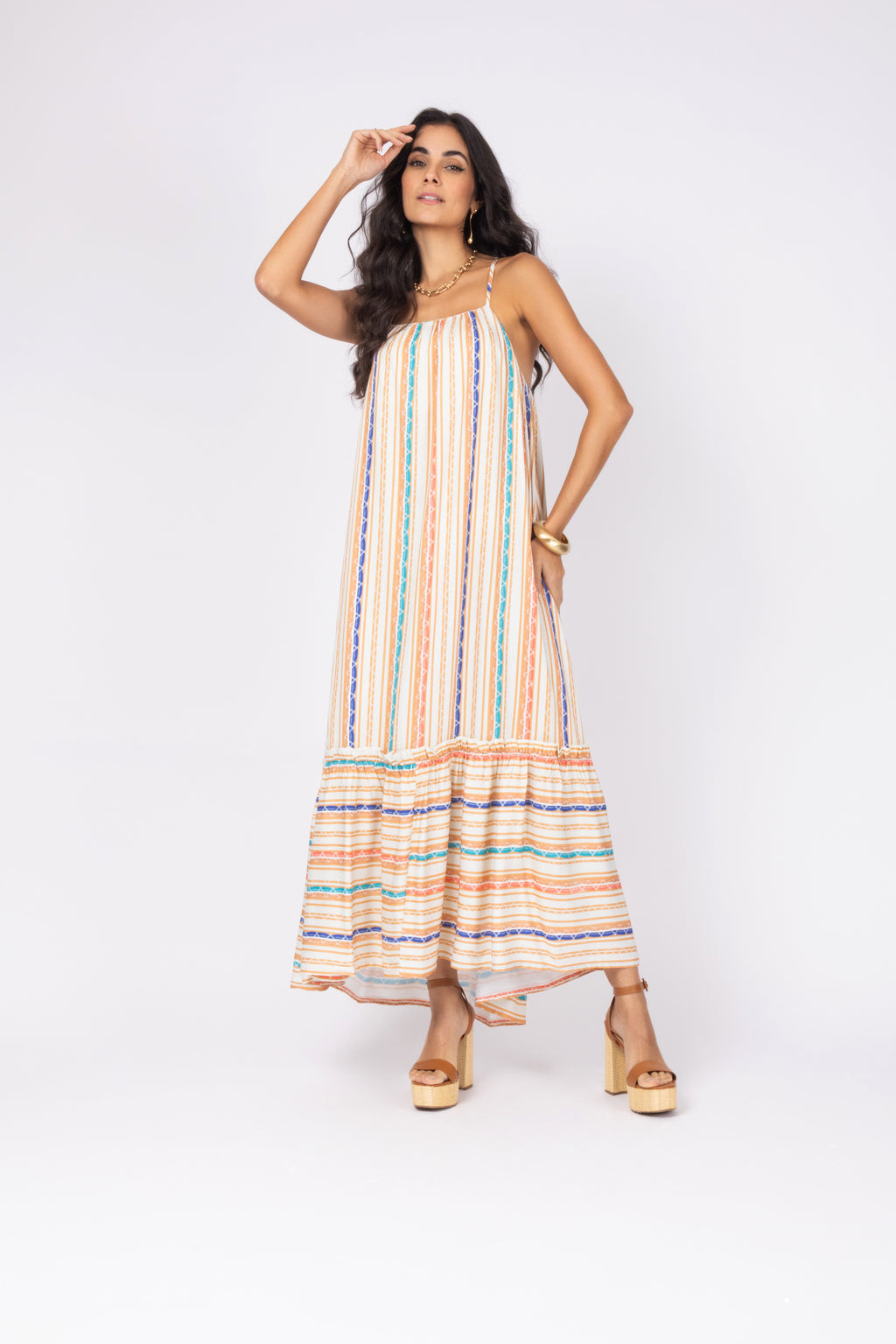 Vestido longo listrado multicolorido