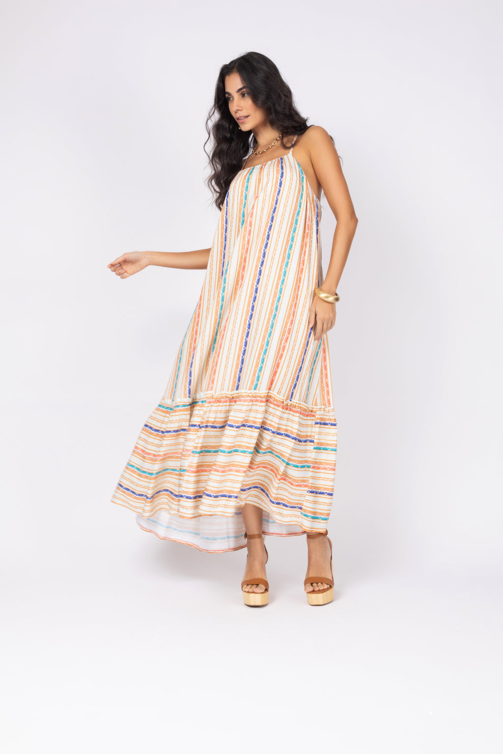 Vestido longo listrado multicolorido