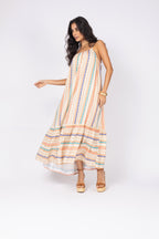 Vestido longo listrado multicolorido