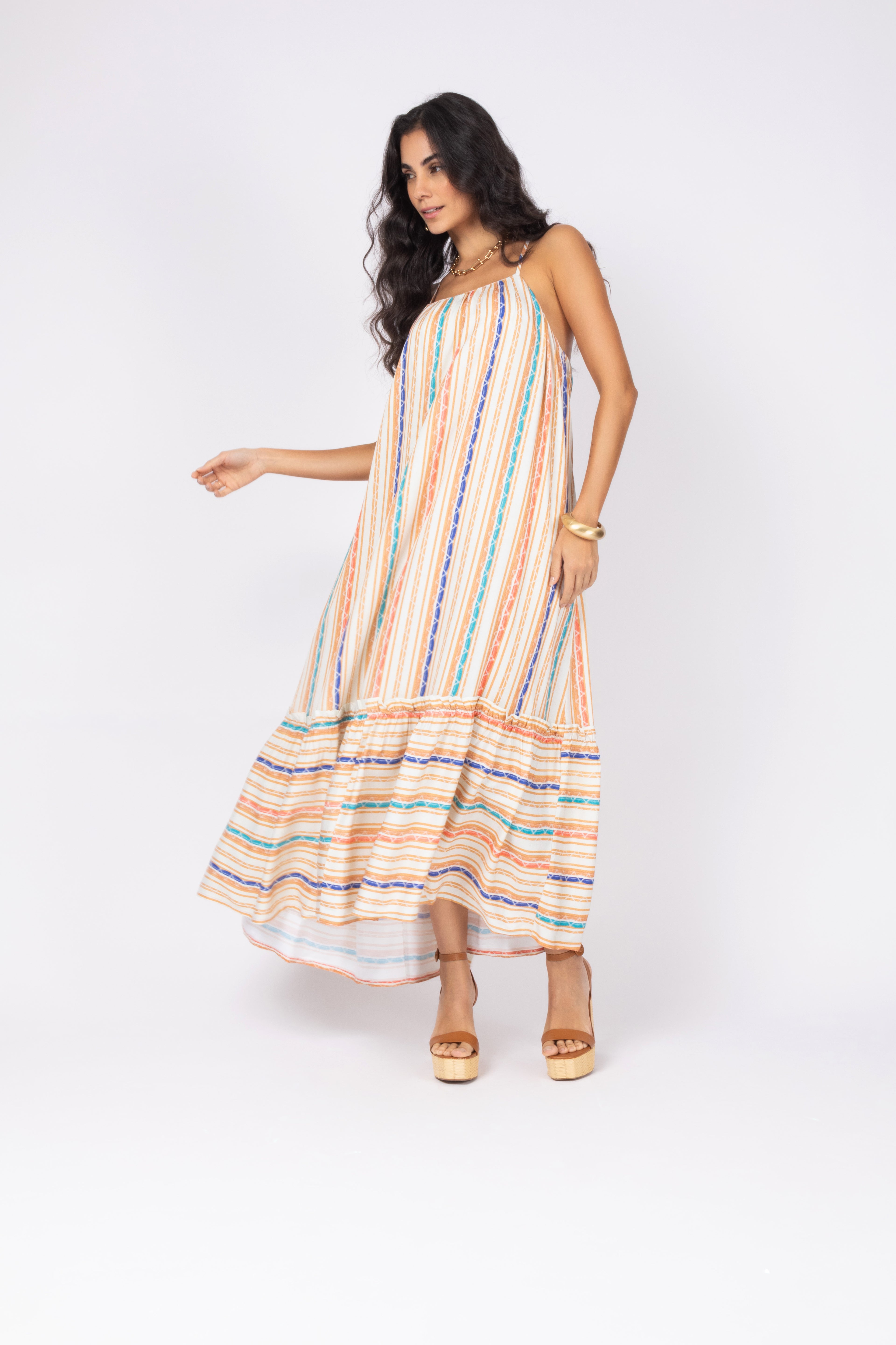 Vestido longo listrado multicolorido