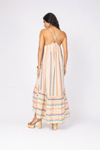 Vestido longo listrado multicolorido