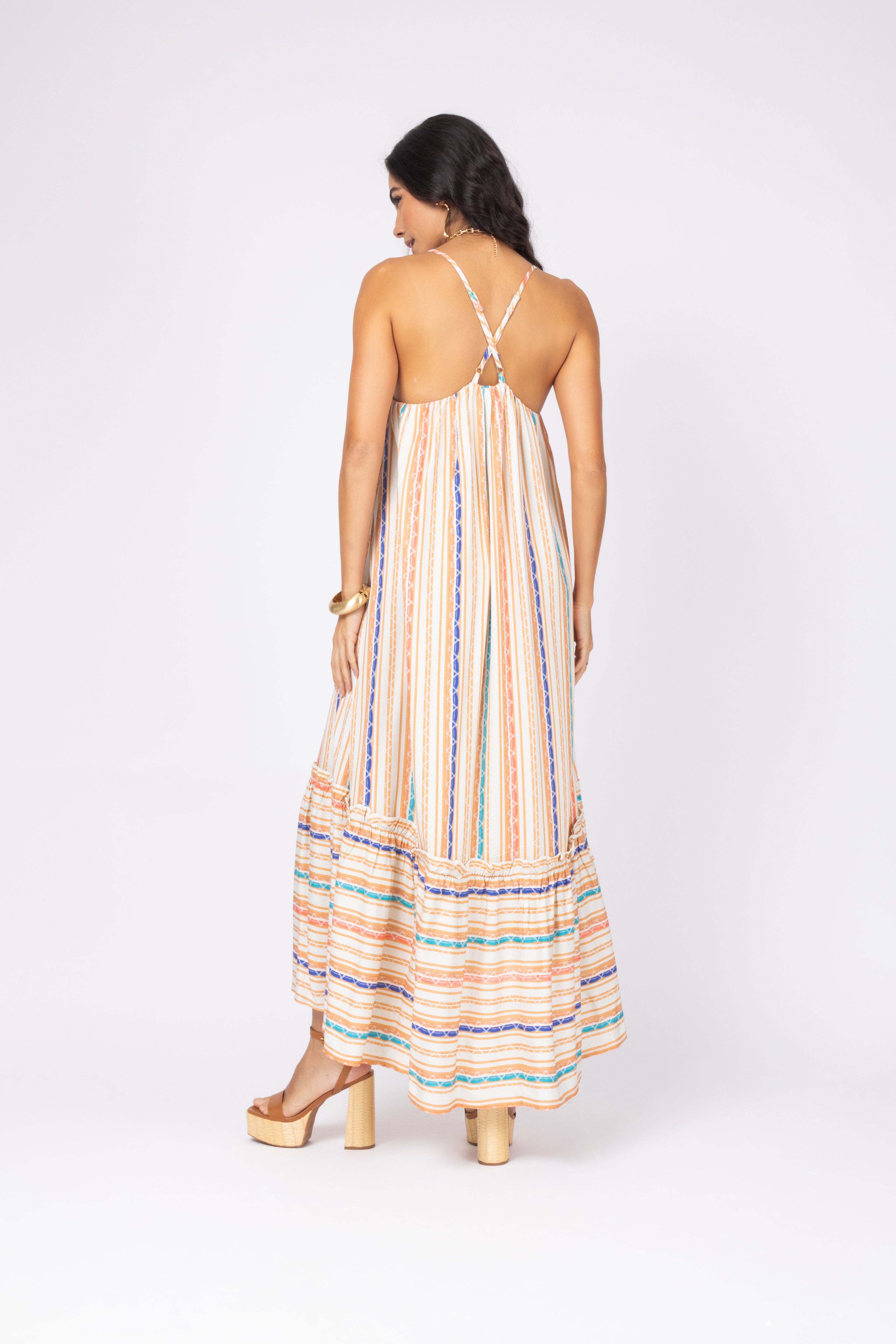 Vestido longo listrado multicolorido