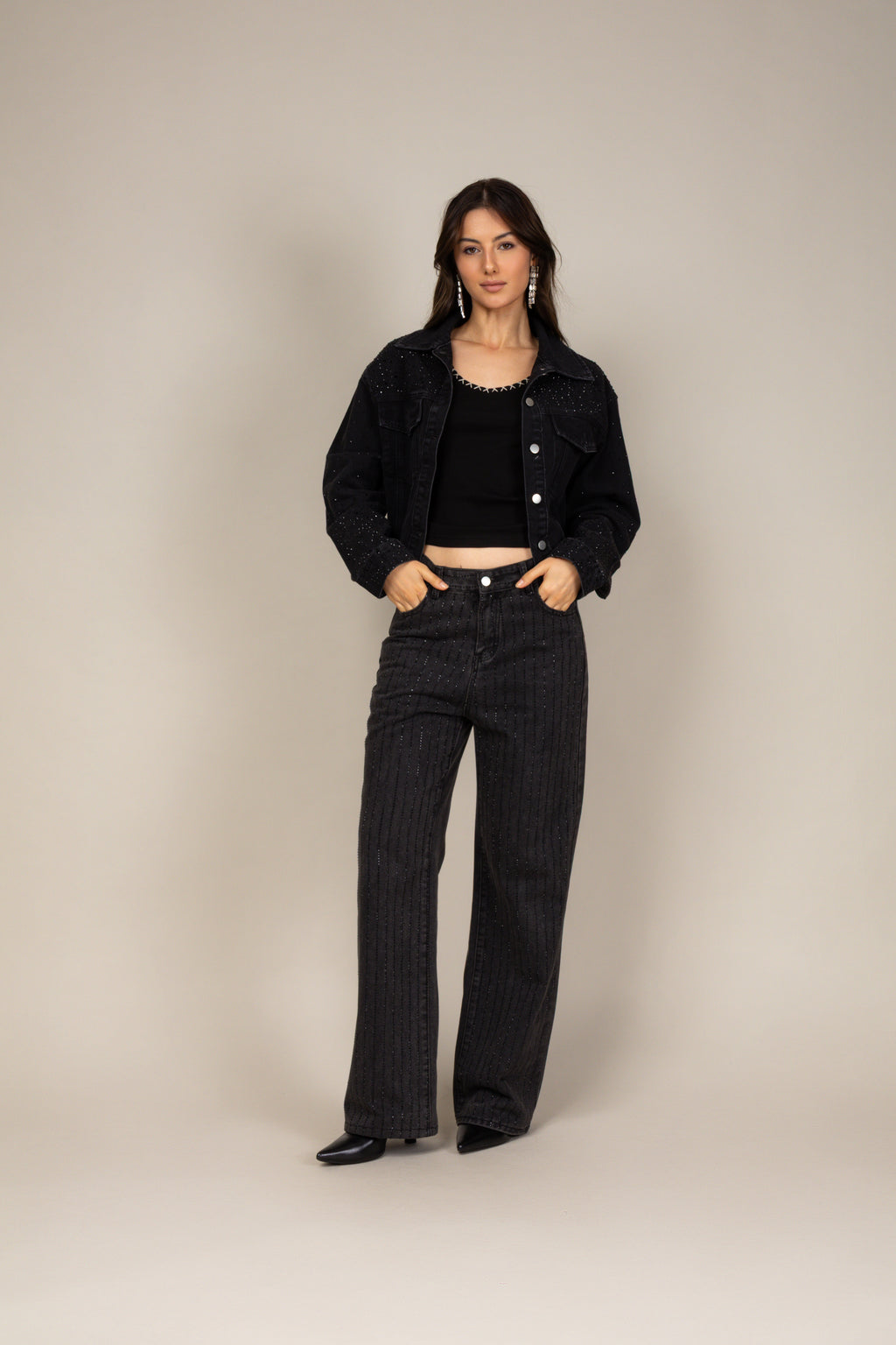 Calça jeans wide leg black strass