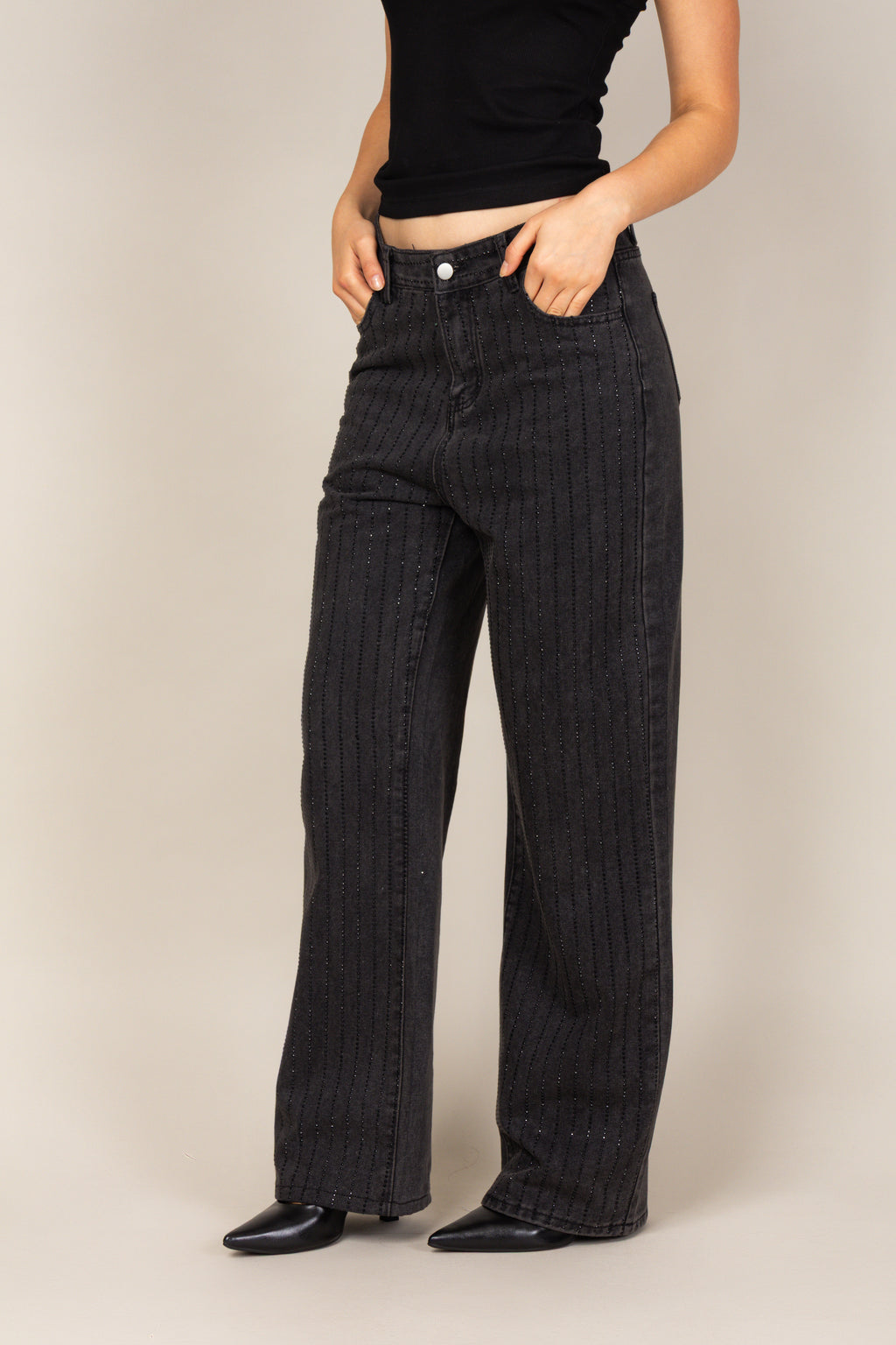 Calça jeans wide leg black strass