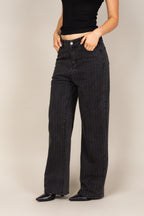 Calça jeans wide leg black strass