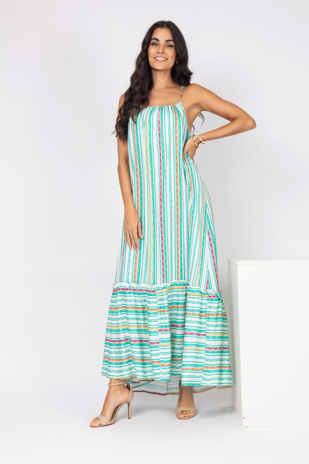 Vestido longo listrado multicolorido