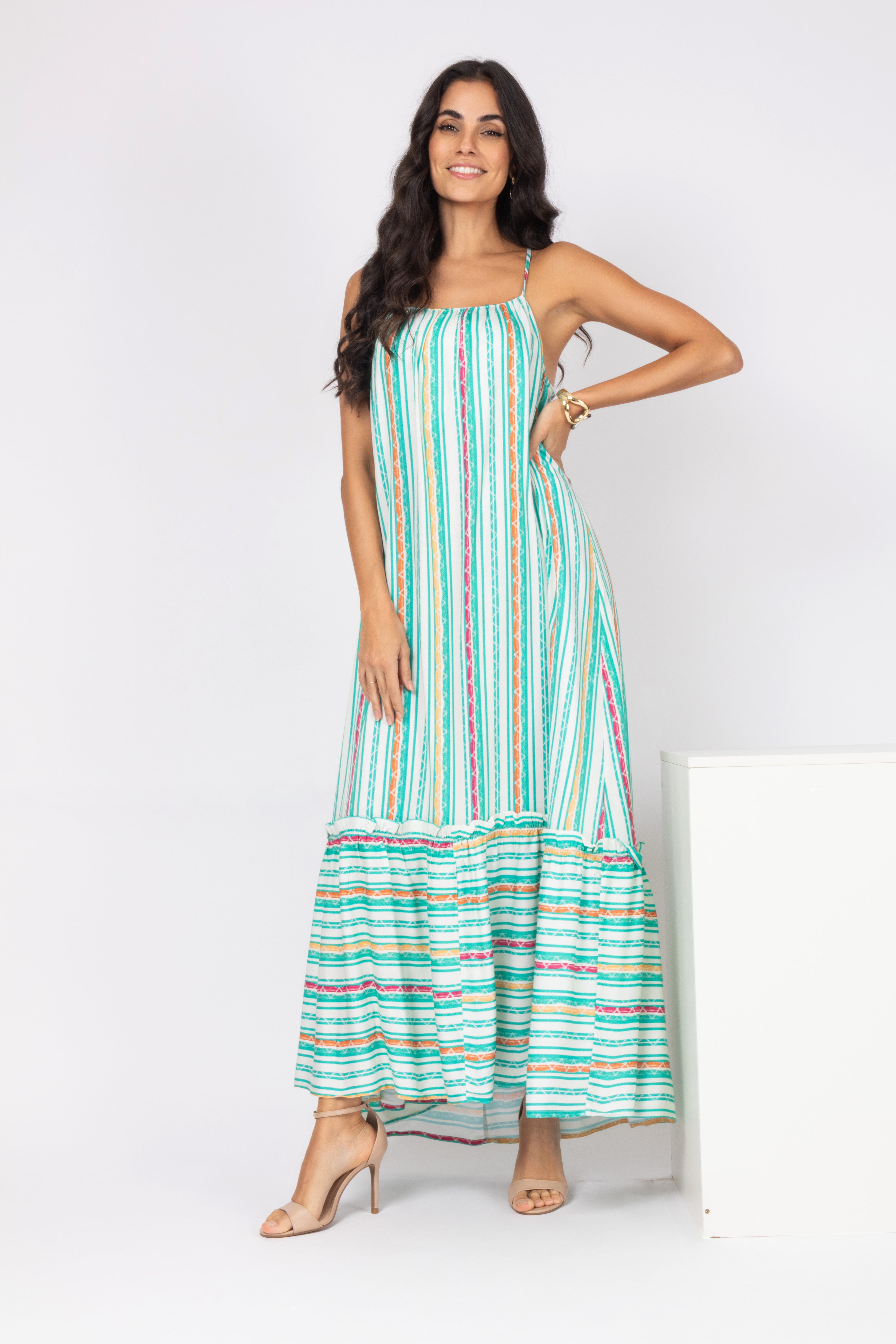 Vestido longo listrado multicolorido