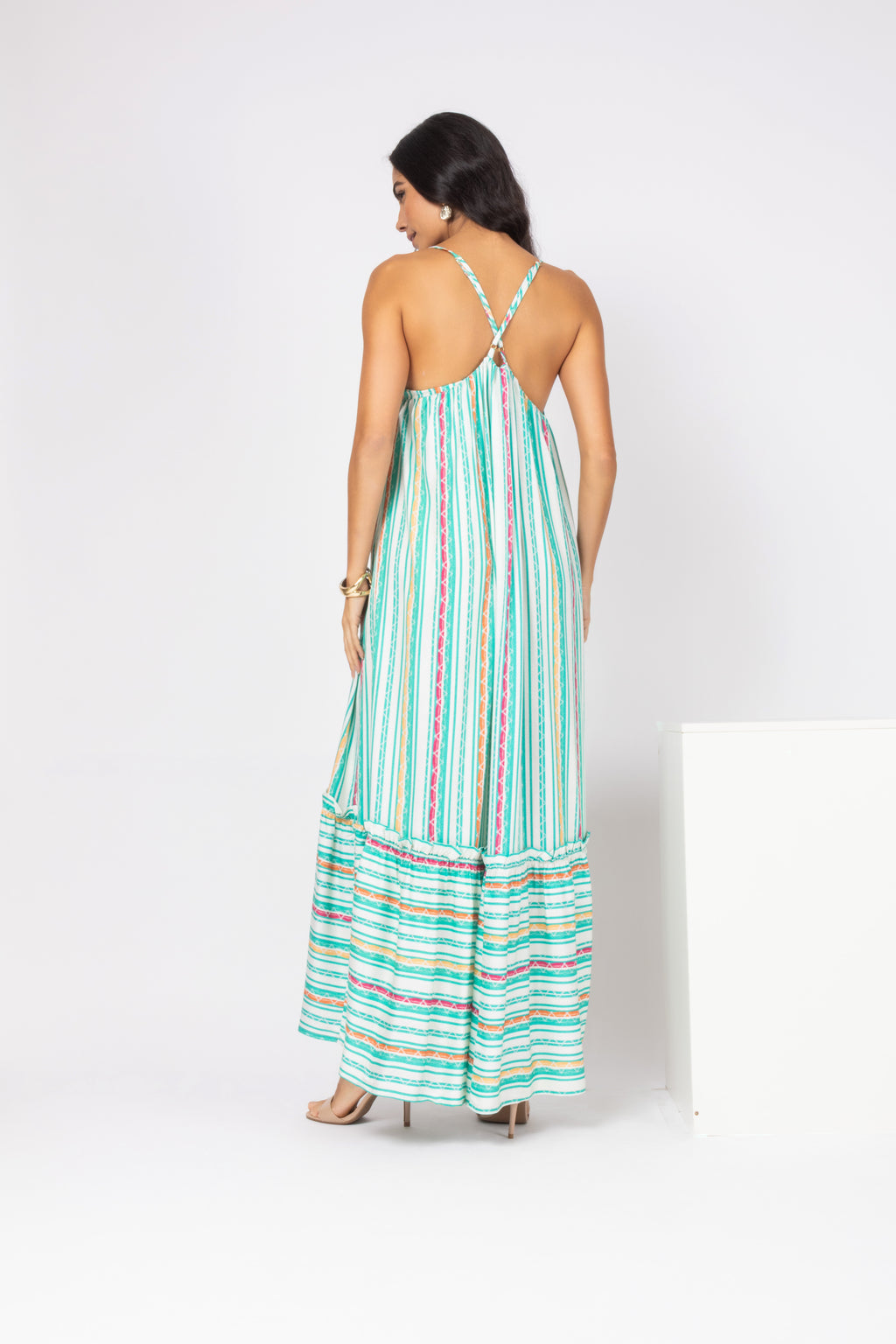 Vestido longo listrado multicolorido