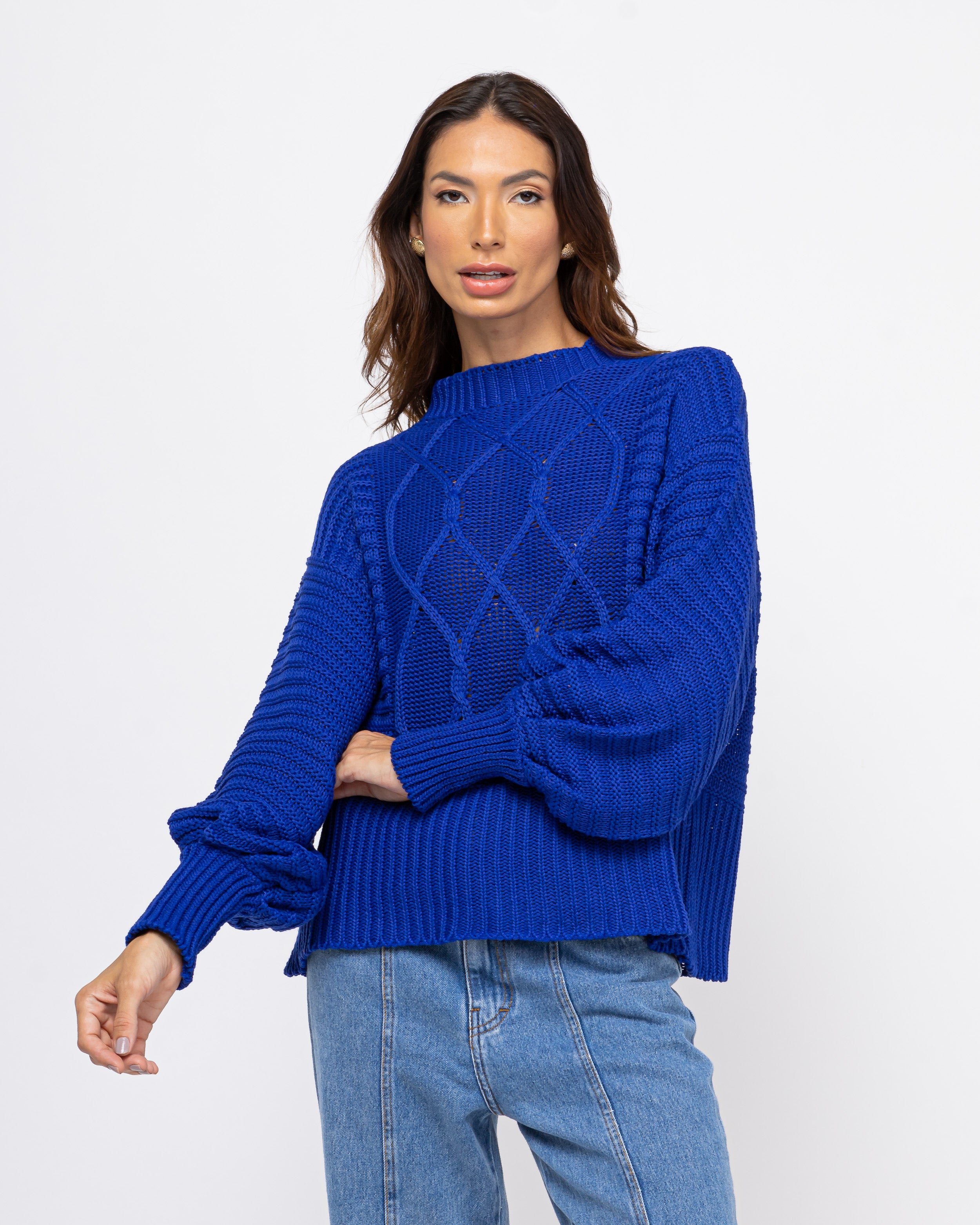 Blusa tricot mangas bufantes azul