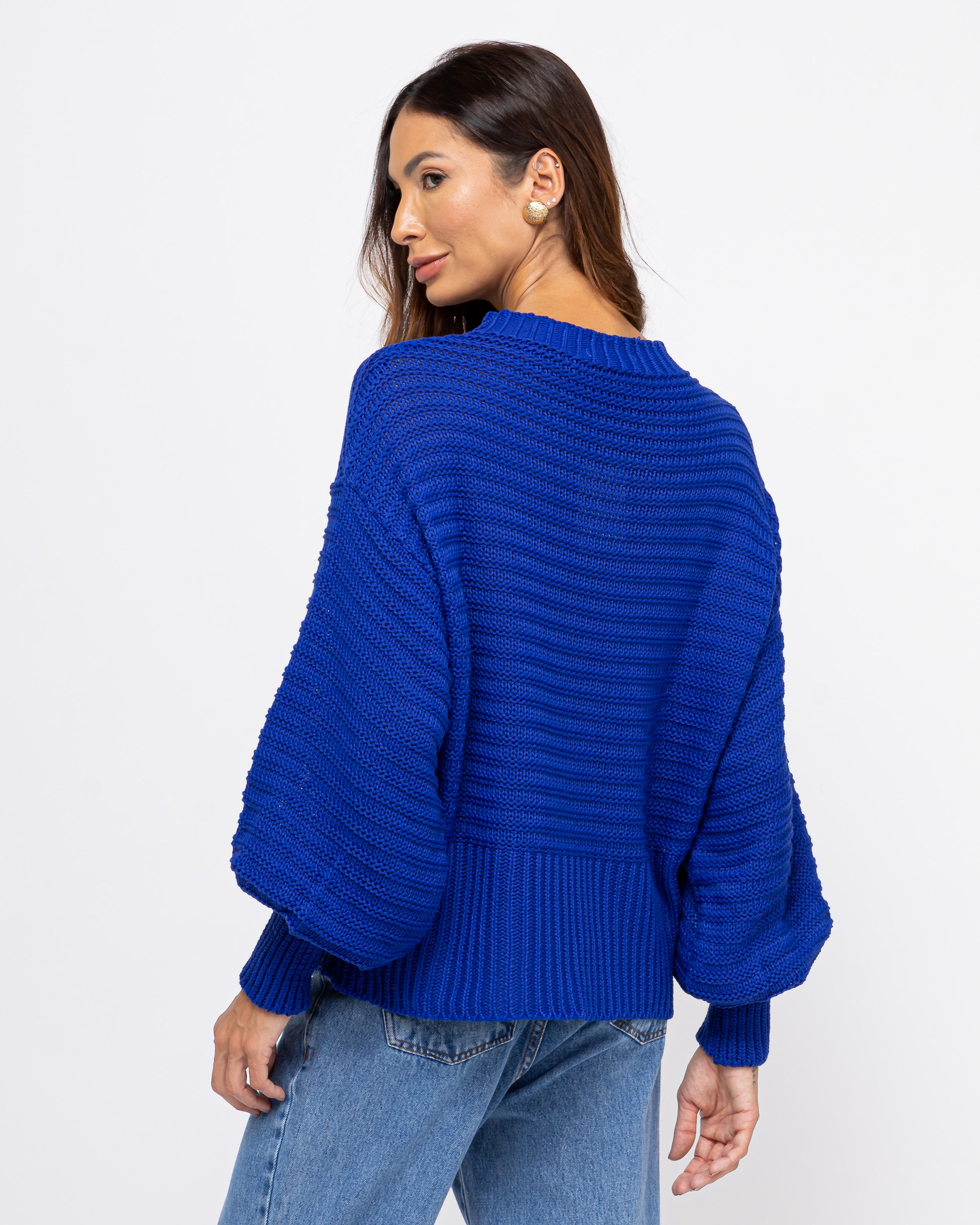 Blusa tricot mangas bufantes azul