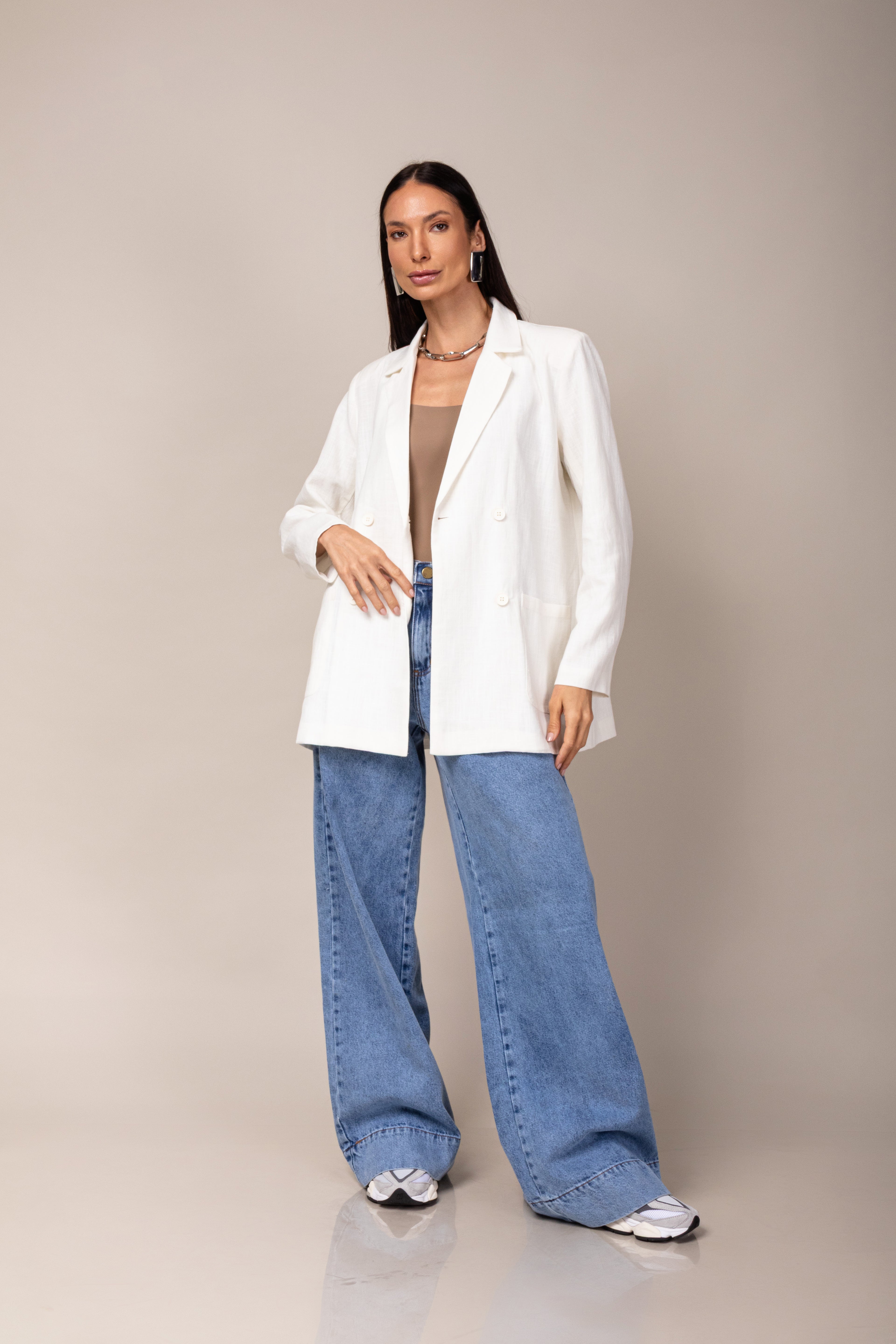 Calça jeans wide leg com elástico