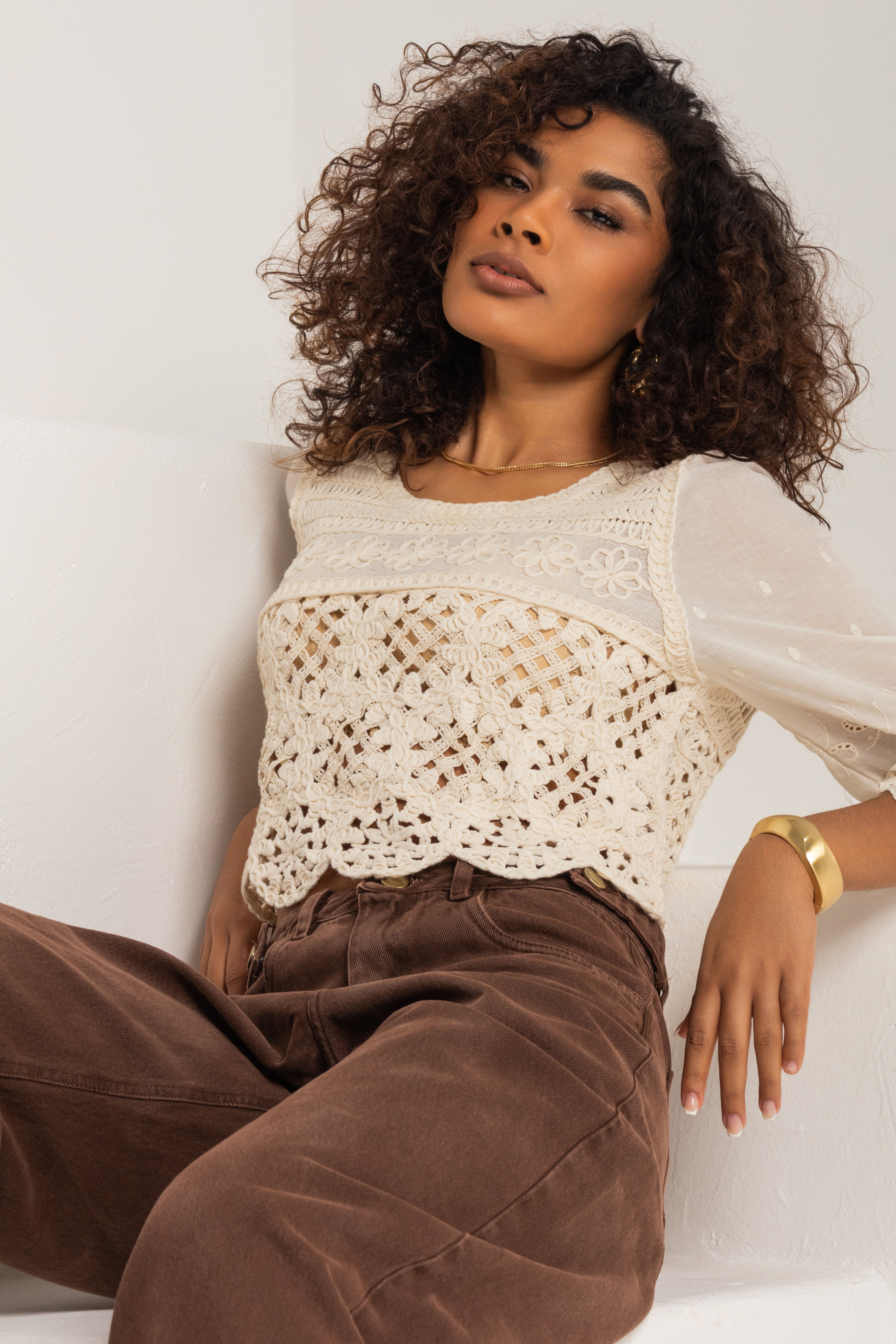Blusa manga bufante em croche