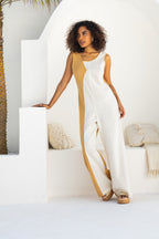 Macacão bicolor sem mangas em linho