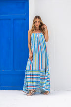 Vestido longo listrado multicolorido