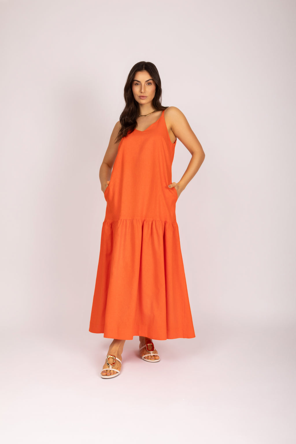 Vestido longo linho com babado