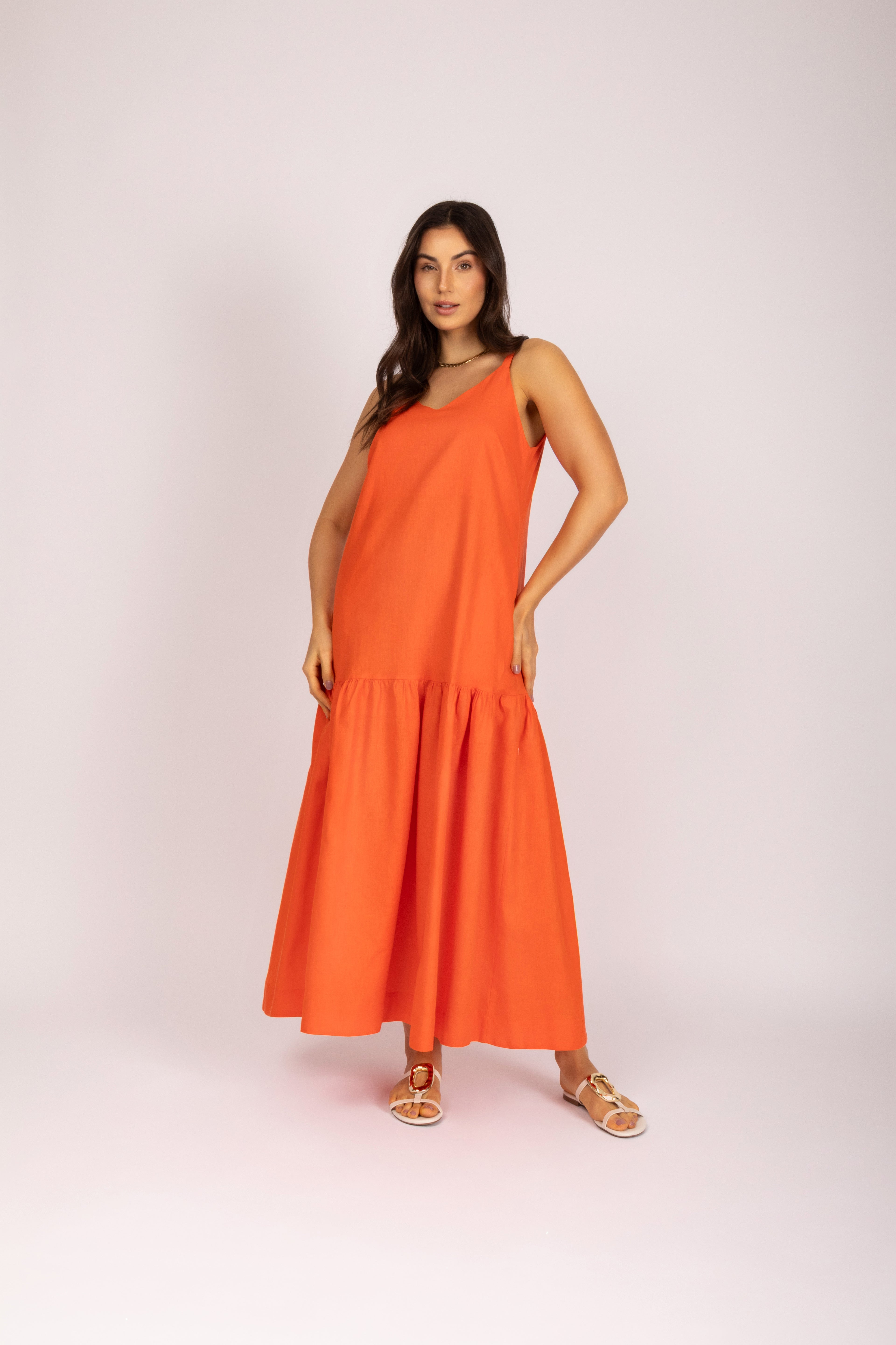 Vestido longo linho com babado