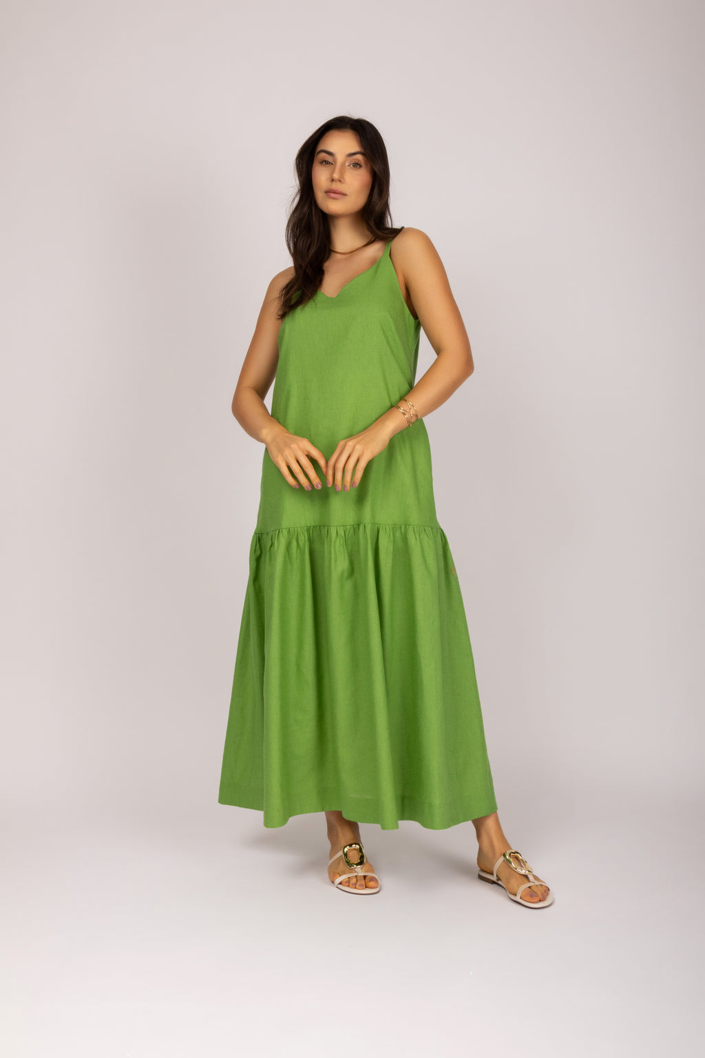 Vestido longo linho com babado