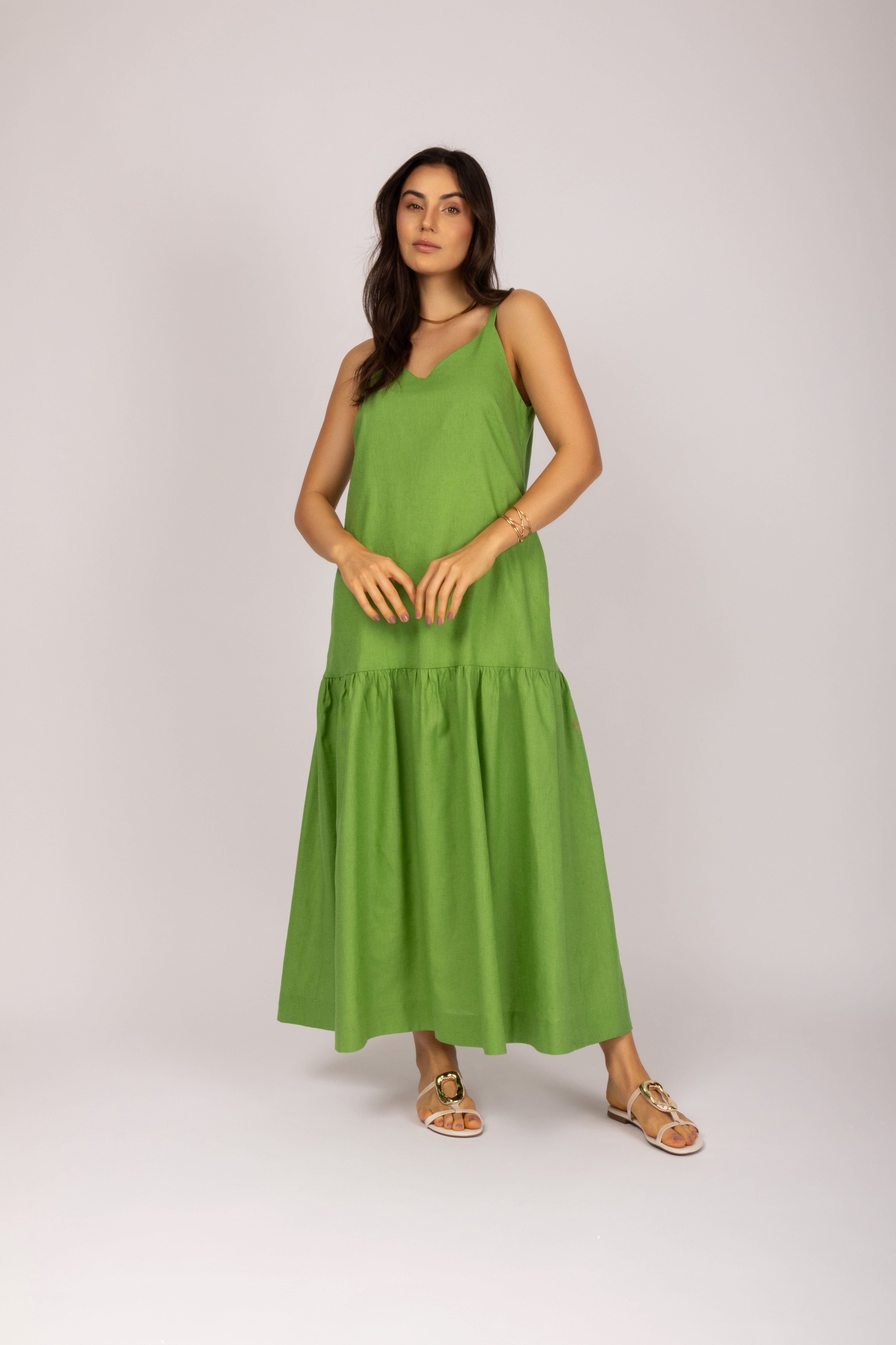 Vestido longo linho com babado