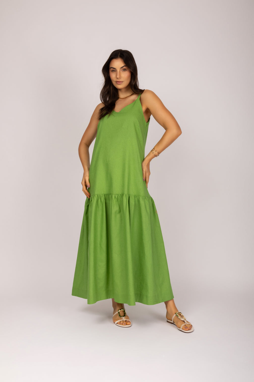 Vestido longo linho com babado