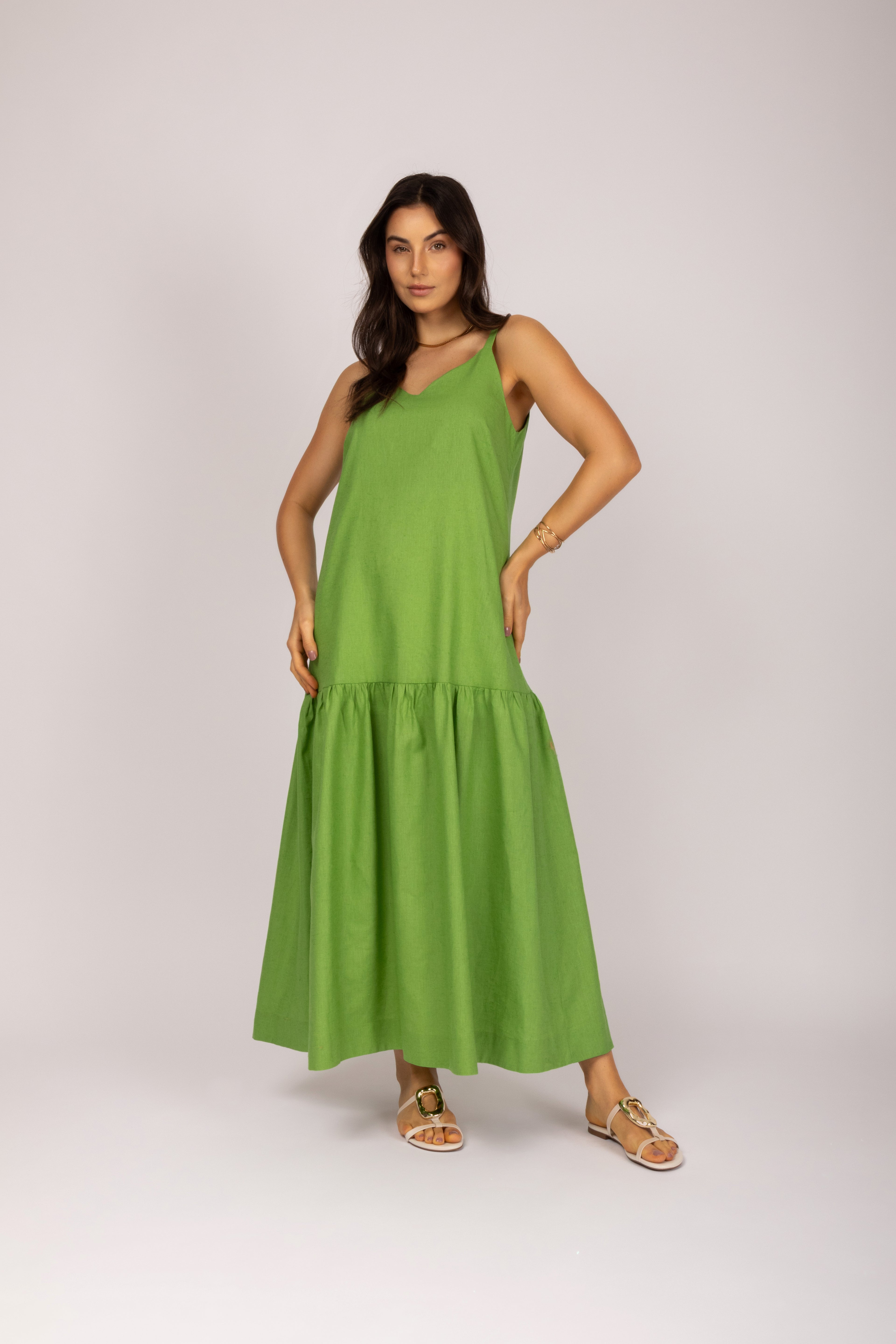 Vestido longo linho com babado