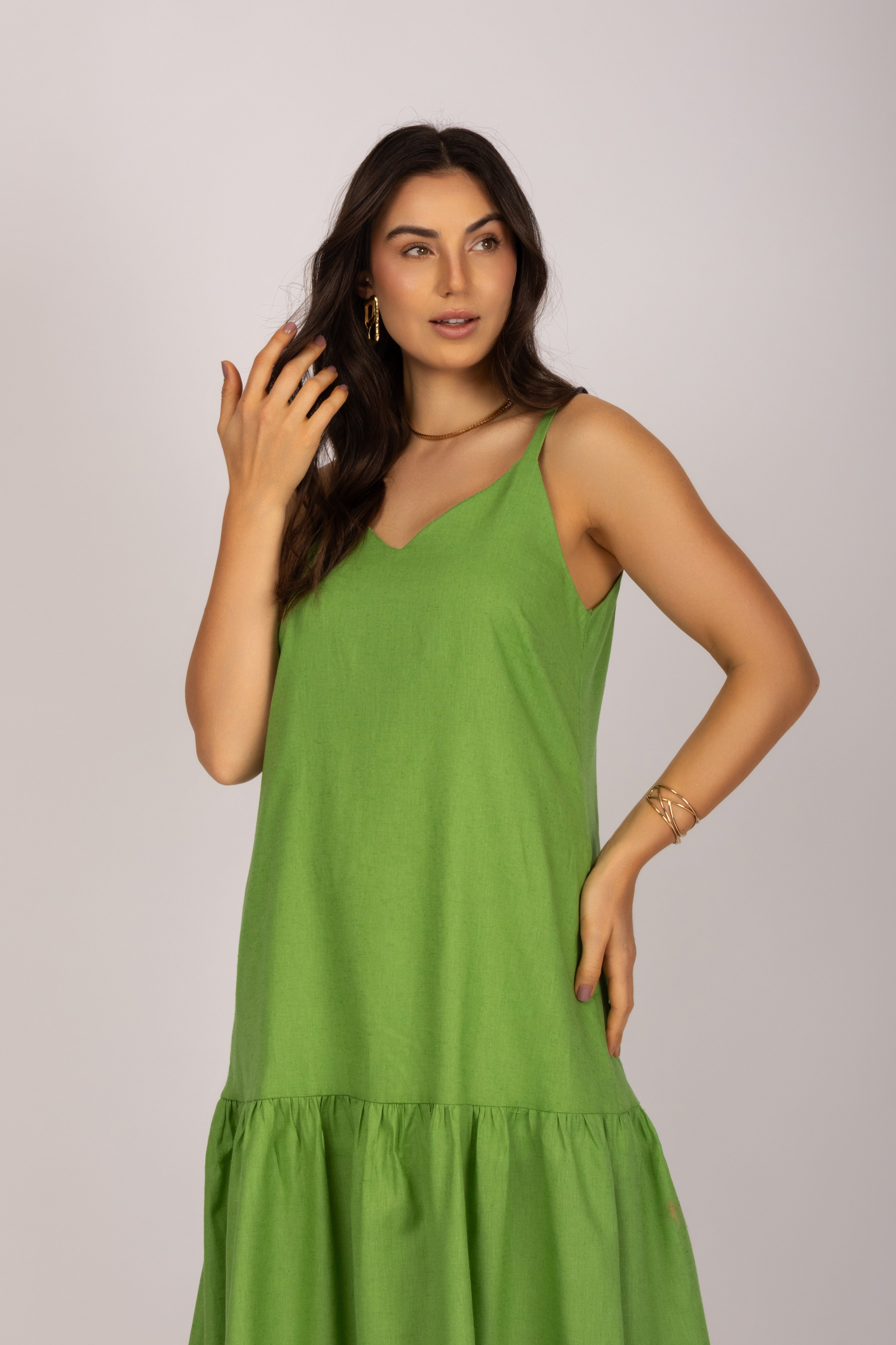 Vestido longo linho com babado