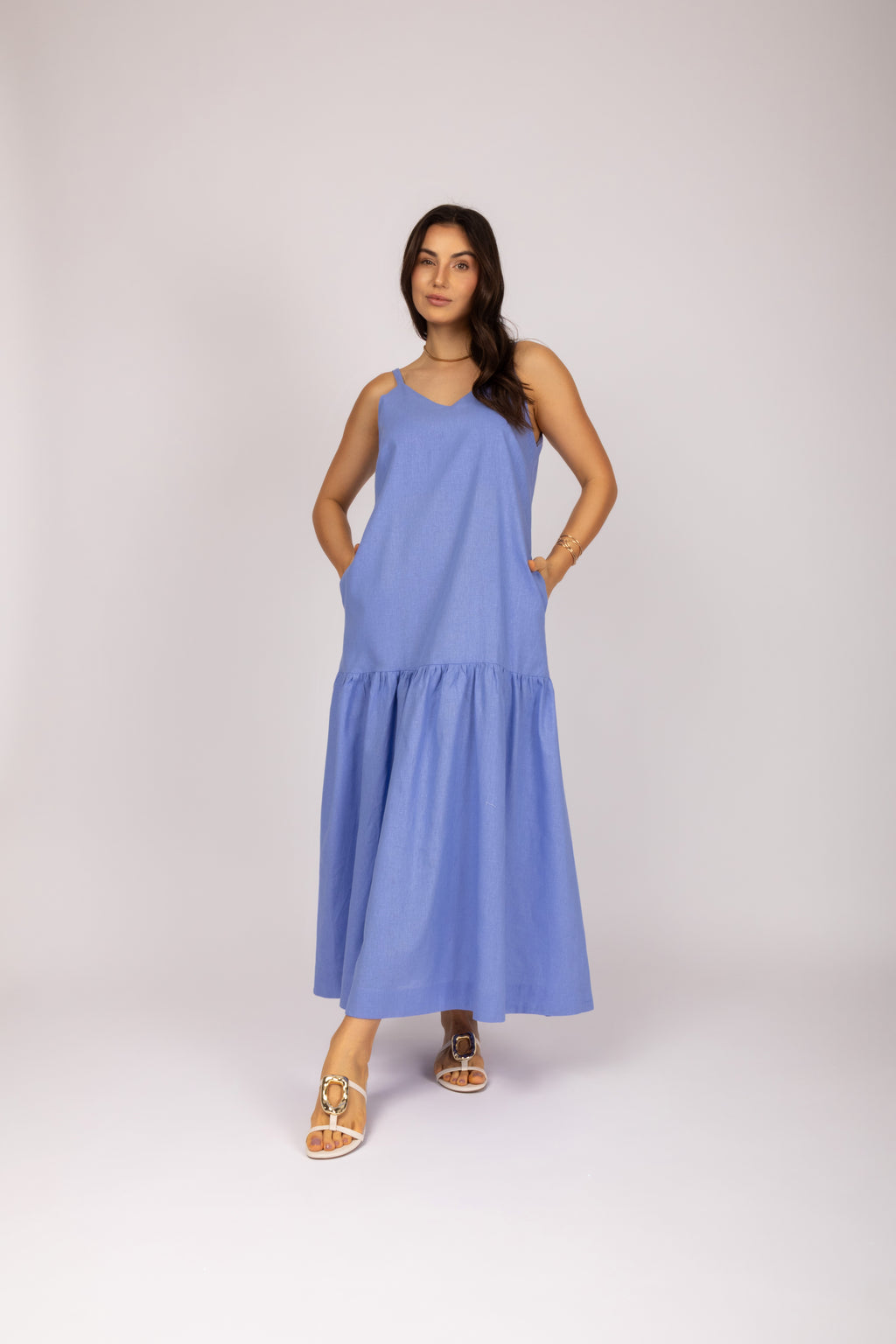 Vestido longo linho com babado