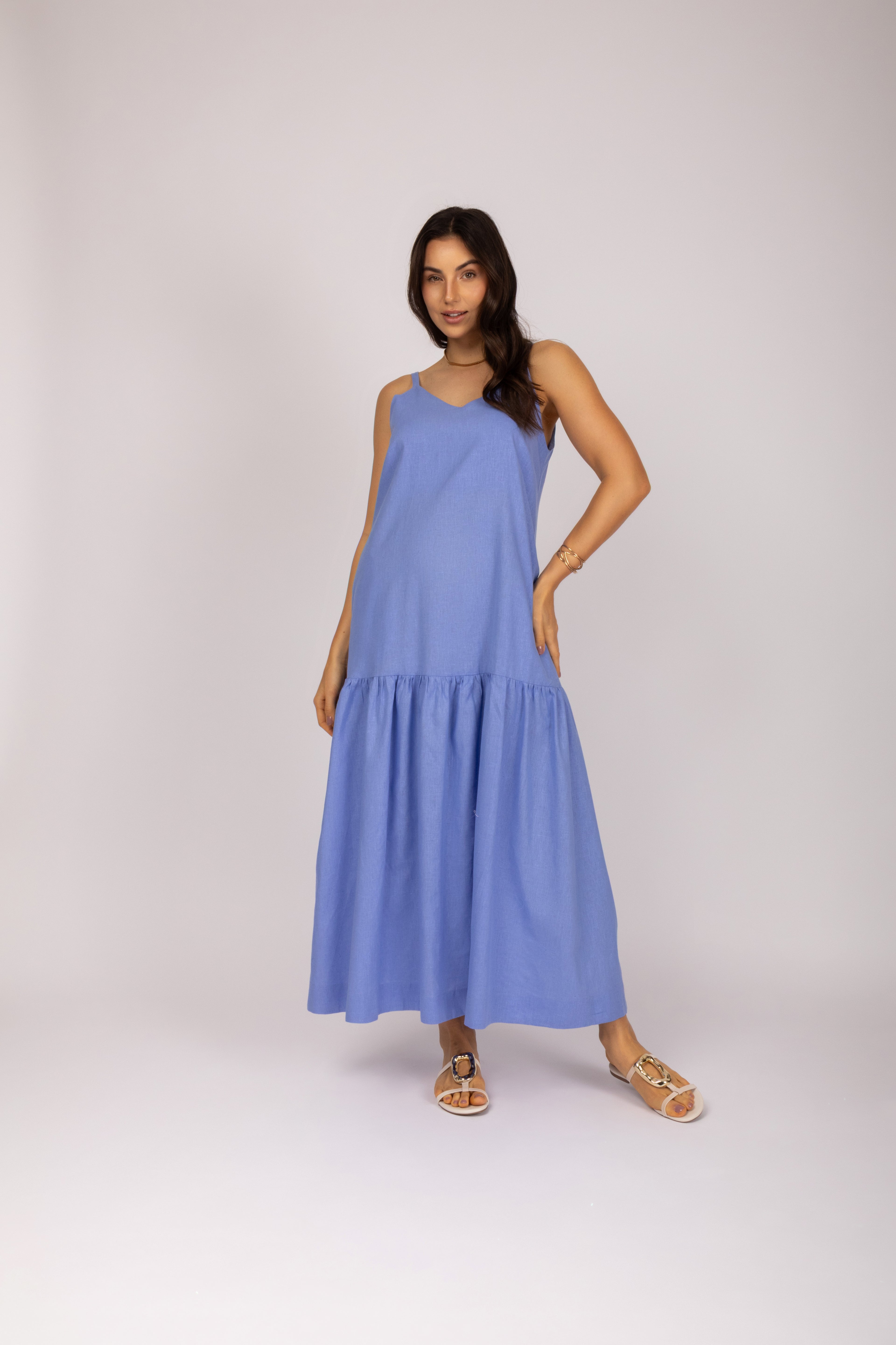 Vestido longo linho com babado