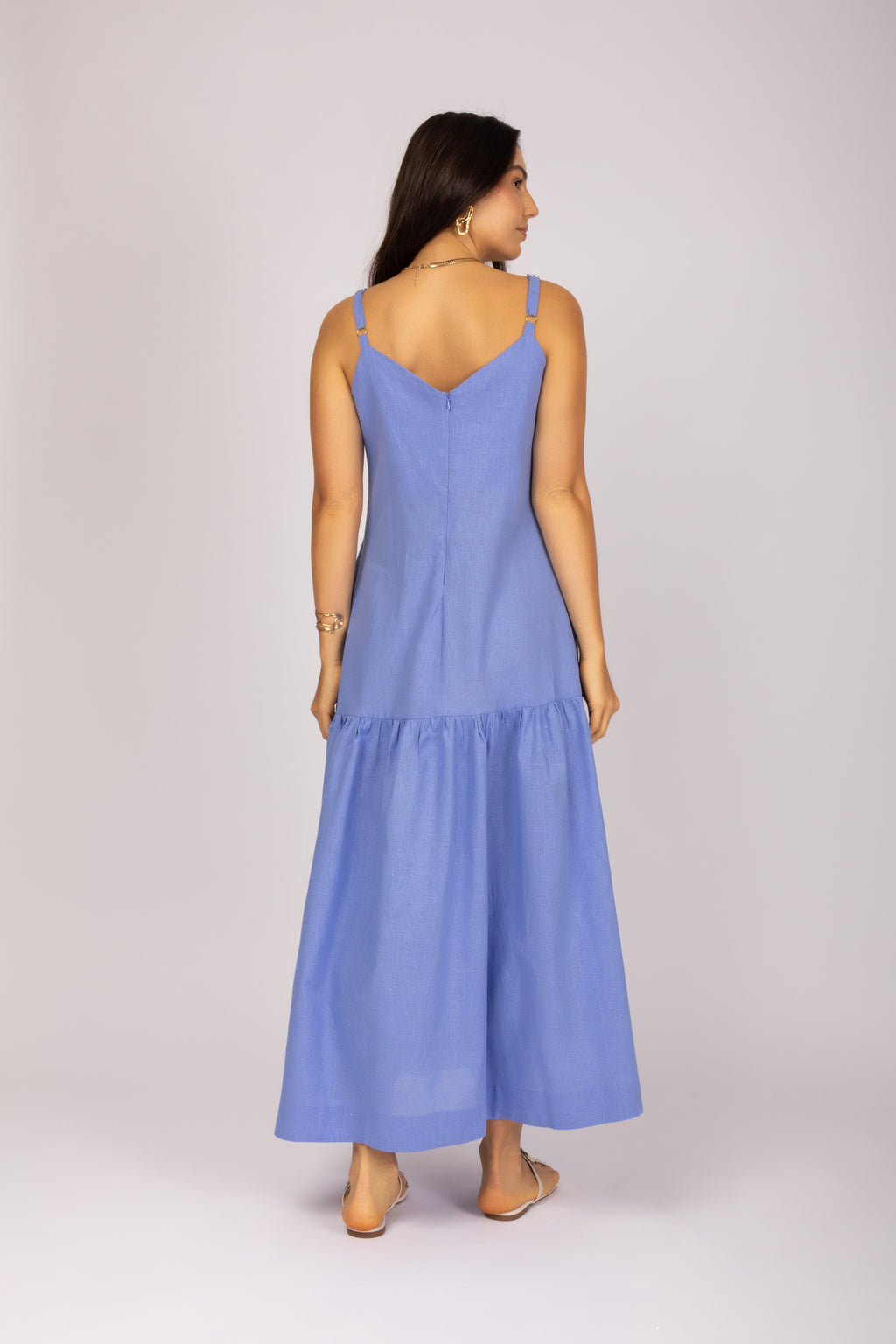 Vestido longo linho com babado