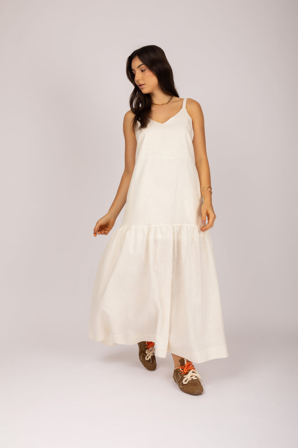 Vestido longo linho com babado