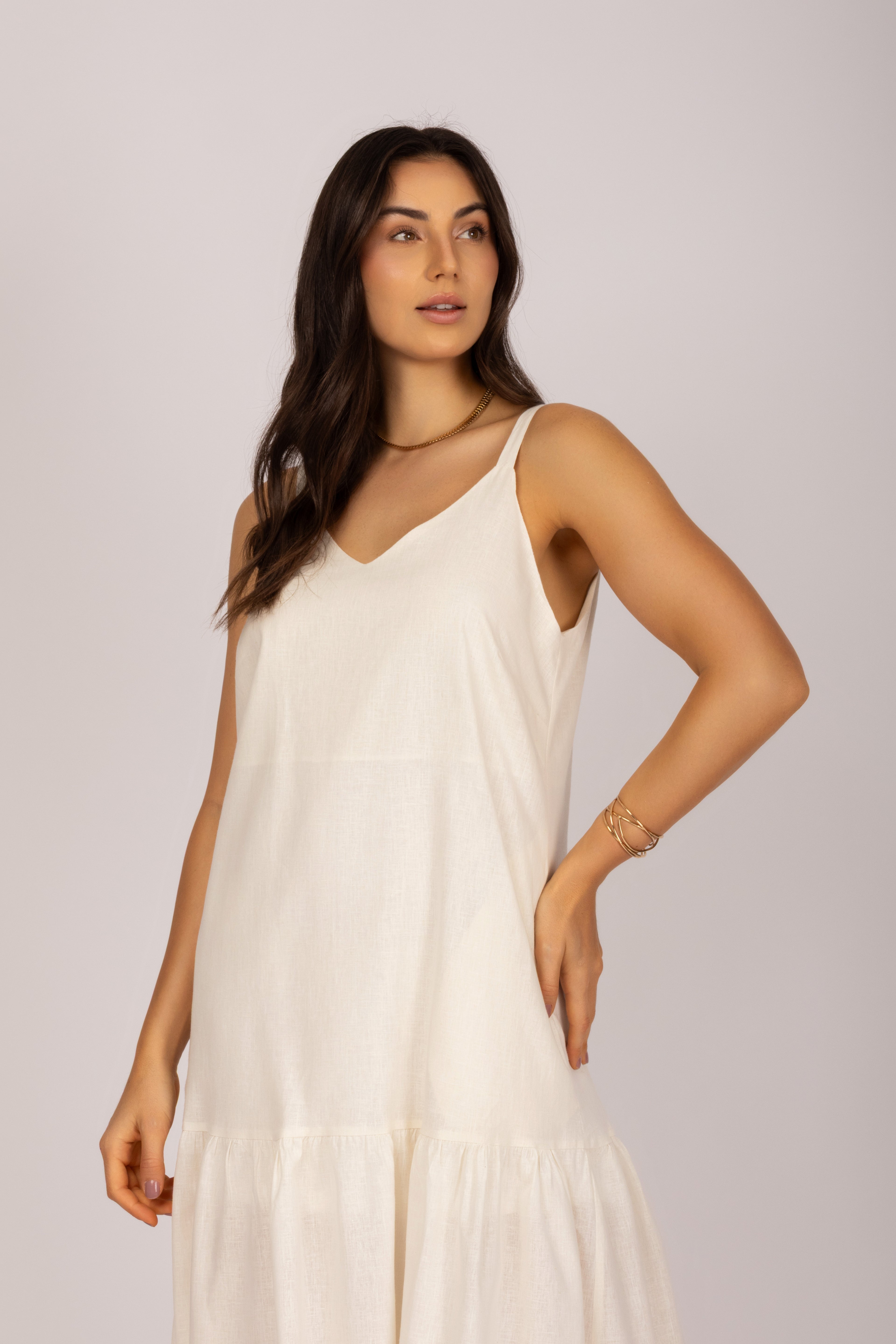 Vestido longo linho com babado