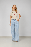 T- shirt com bordado de cherry bege - vista frontal