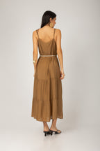 Vestido midi alça com cinto cordão marrom - vista posterior