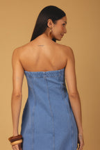 Vestido jeans strapless midi acinturado - detalhes posterior