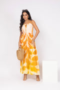 Vestido longo acinturado de alças laranja - vista frontal
