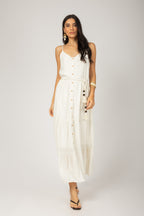 Vestido midi alça com cinto cordão off white - vista frontal
