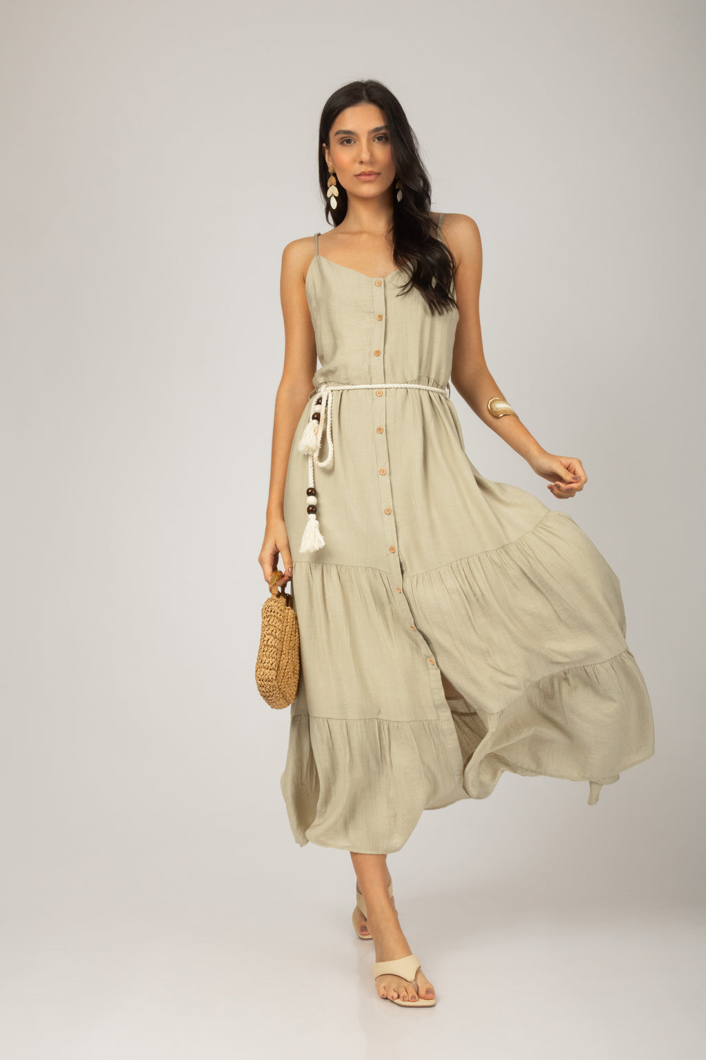 Vestido midi alça com cinto cordão bege - vista frontal