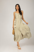Vestido midi alça com cinto cordão bege - vista frontal