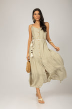 Vestido midi alça com cinto cordão bege - vista frontal