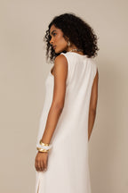 Vestido midi com prega decote V off white - detalhes posterior