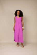 Vestido midi com prega decote V roxo - vista frontal