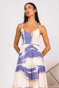 Vestido longo três marias estampado azul - detalhes frontal