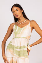Vestido longo três marias estampado verde - detalhes frontal