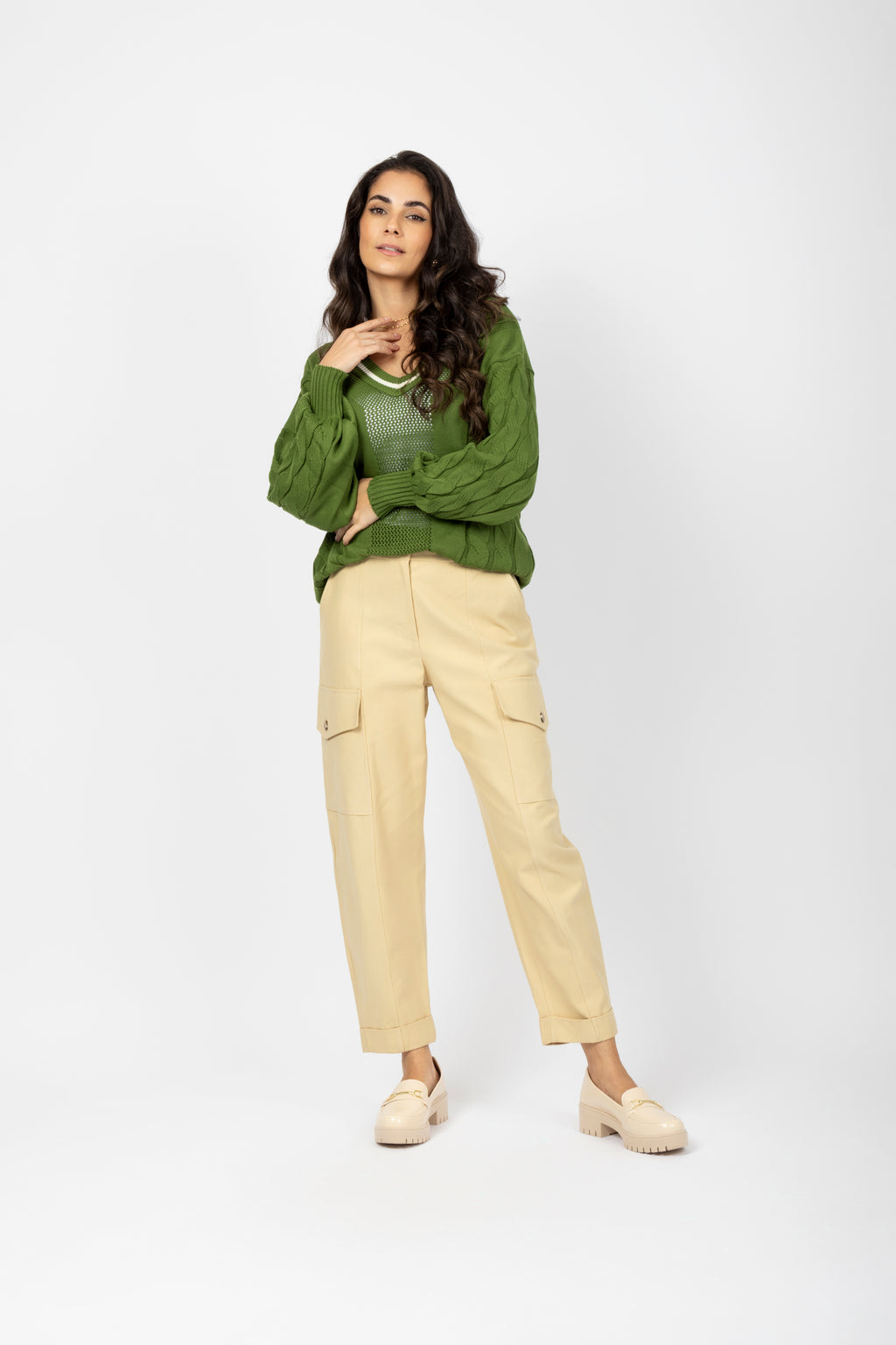 Calça cargo cintura alta sarja