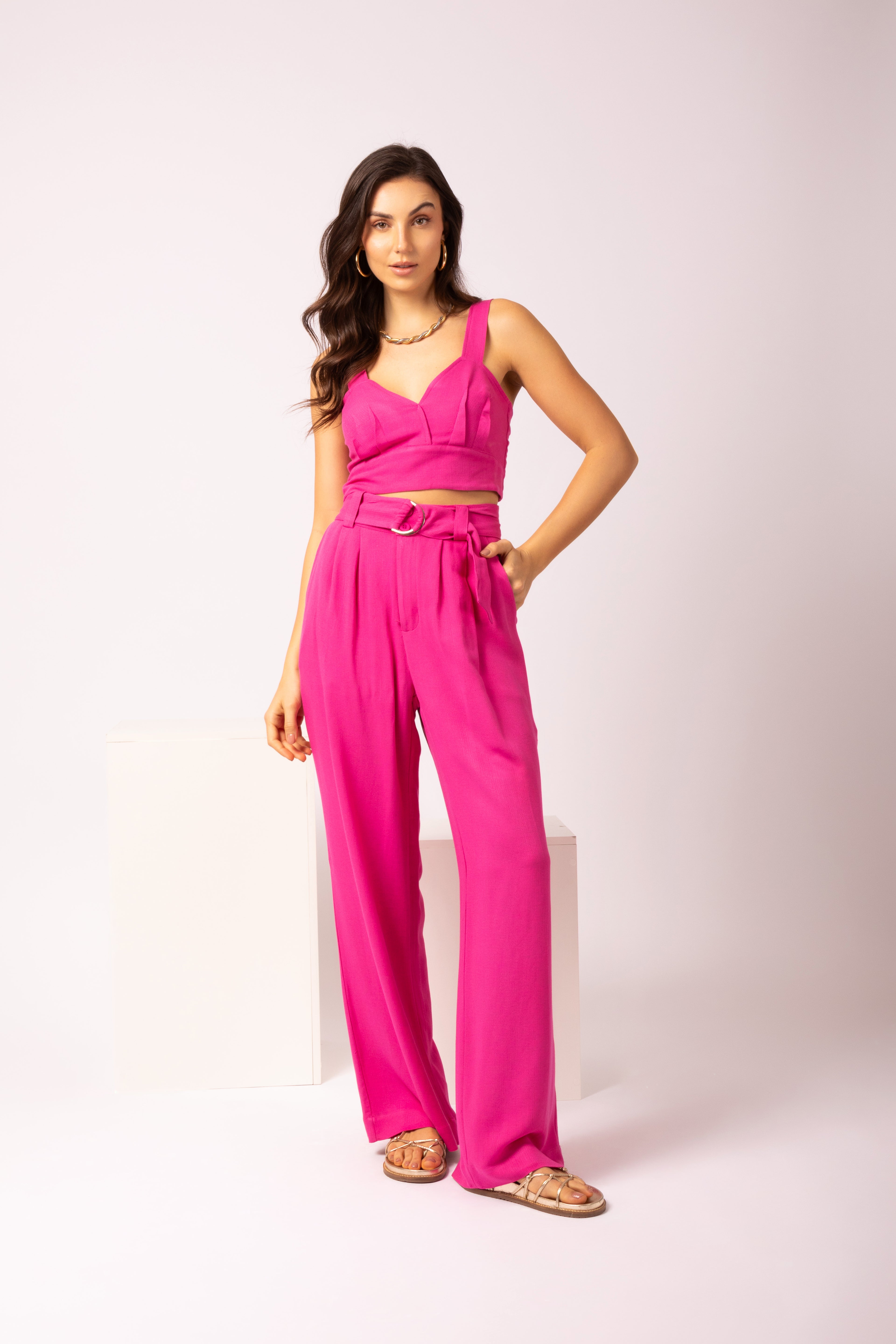 Conjunto de calça e cropped em linho
