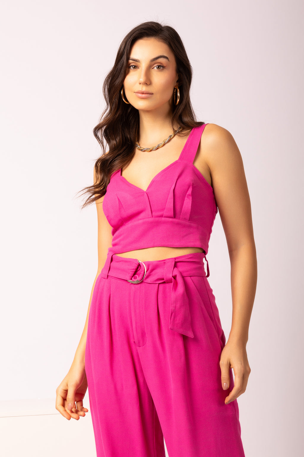 Conjunto de calça e cropped em linho